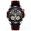 Automatic mechanical men's watch with skeleton dial showing internal movement, luminous hands, in blue or red colour