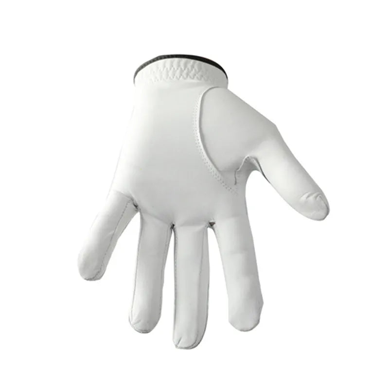 White half sheepskin golf glove for men showing non-slip palm detail