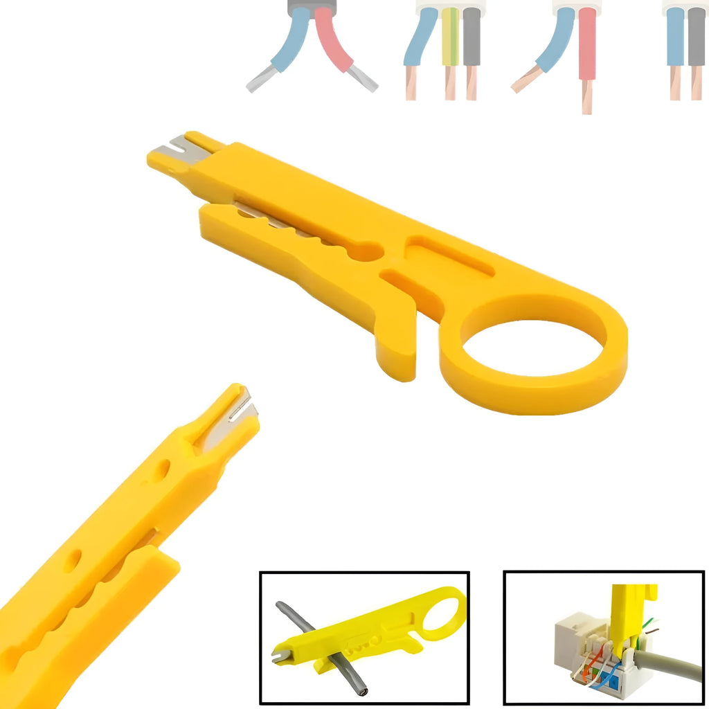 Yellow portable wire stripper tool for 0.6mm diameter cables with snap-in metal blade