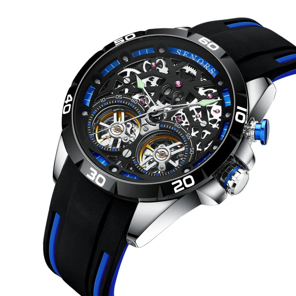 Automatic mechanical men's watch with skeleton dial showing internal movement, luminous hands, in blue or red colour
