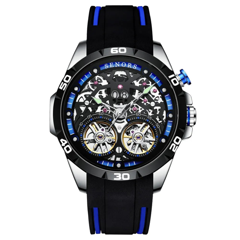 Automatic mechanical men's watch with skeleton dial showing internal movement, luminous hands, in blue or red colour