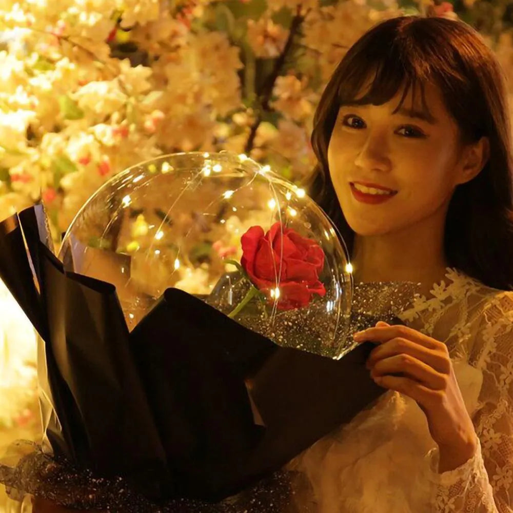 DIY LED light up transparent balloon with artificial rose components for self-assembly