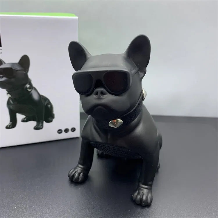 Mini Bluetooth speaker shaped like a bulldog, shown in black, red, and white colour options.