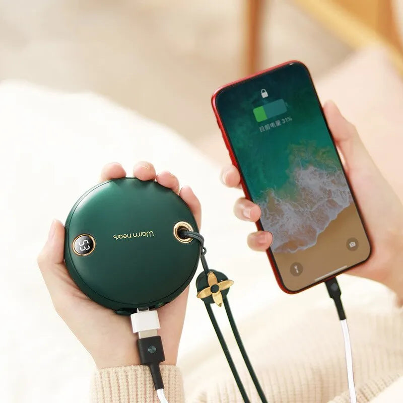 5000mAh hand warmer power bank with digital display in green, pink, or white colours