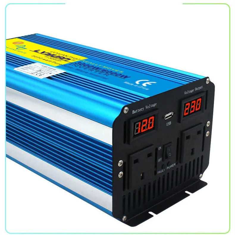 Blue high-power pure sine wave inverter with digital display, UK socket, and remote control.