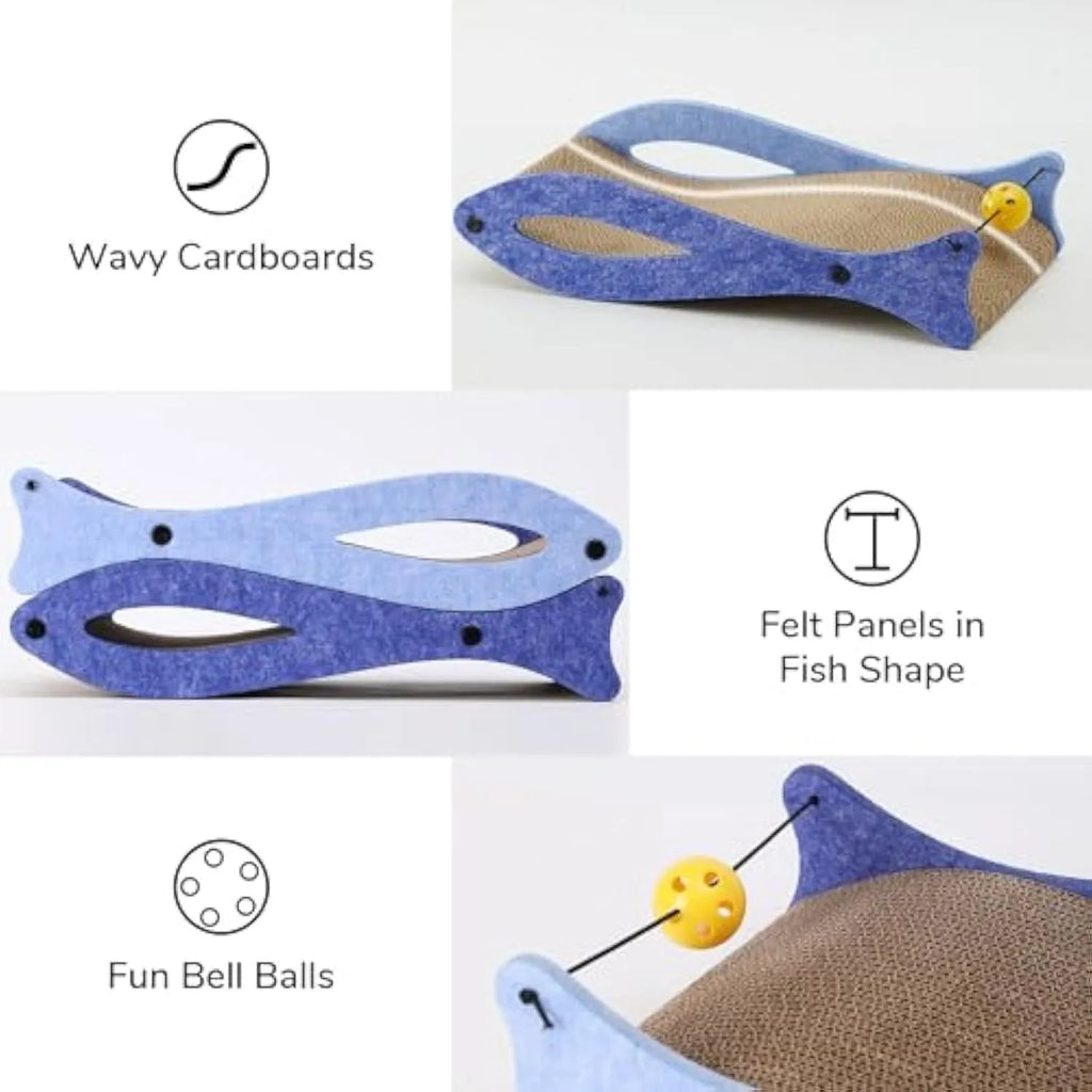 Blue fish-shaped cat scratcher lounge with corrugated cardboard surface and a hanging bell ball toy.