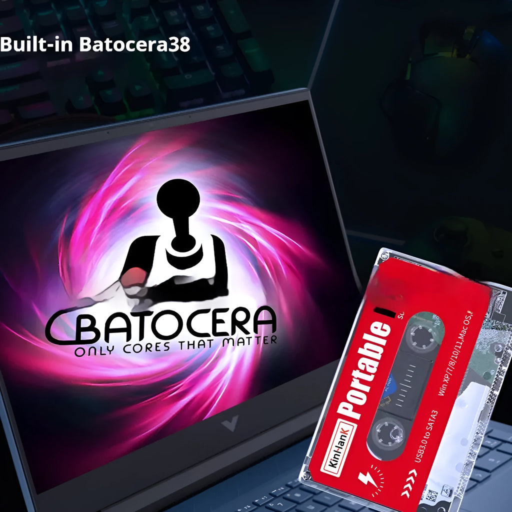External 2TB mechanical hard drive with USB cable and protective storage box.