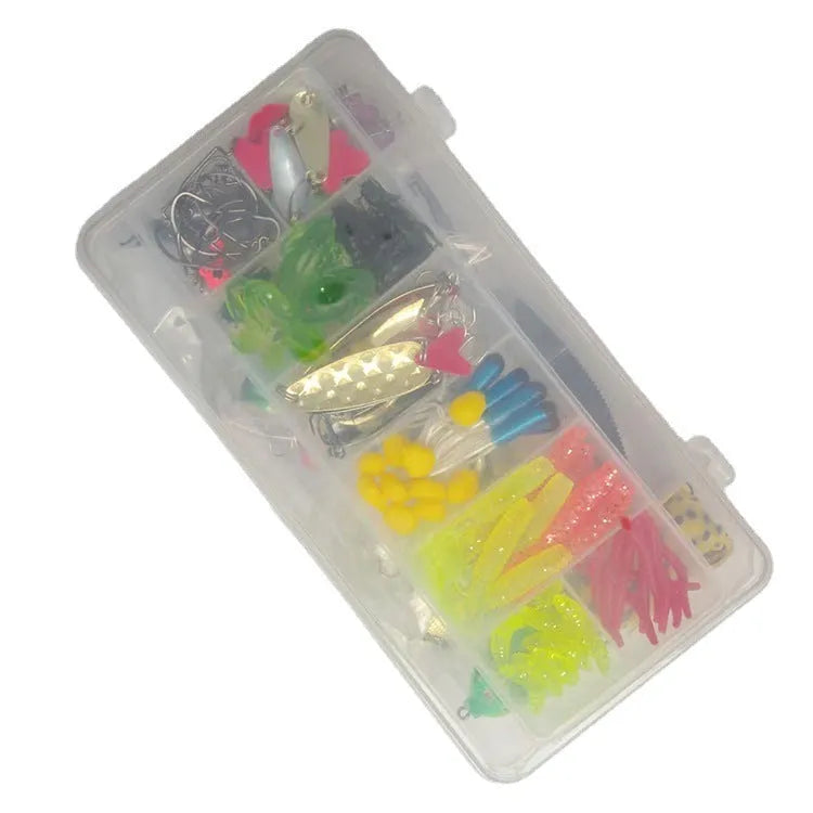 142-piece fishing lure set showing hard mino lures, sequins, hooks and fishing pliers in assorted colours