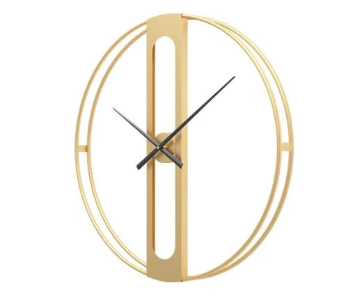 Large 50cm round metal wall clock in black or gold colour on a wall.