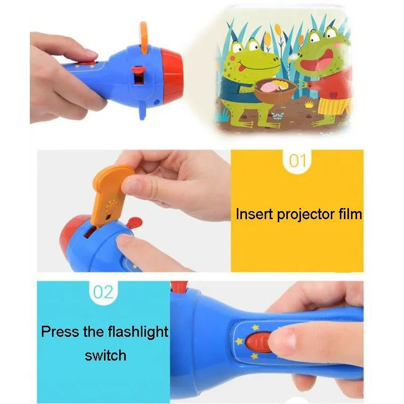 Kids handheld storybook projector torch with four fairy tale discs projecting images on wall