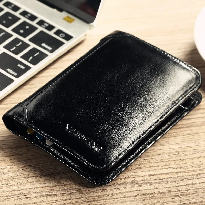 Men's leather wallet open to show internal card slots, cash section, coin pocket, and document holder.