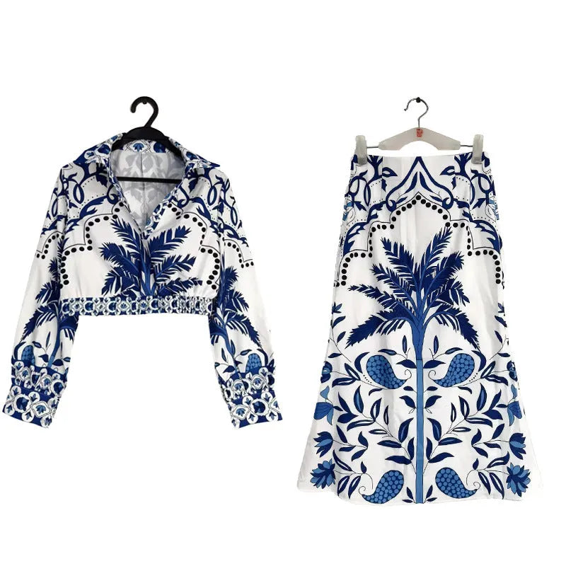 Casual fashion set with long sleeve top and long skirt in picture colour