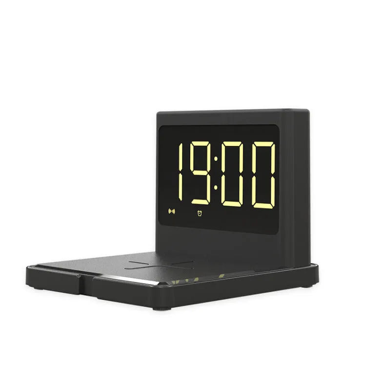 Clock-style wireless fast charger in black with dual USB outputs and Type-C interface, 115 x 107 x 91 mm