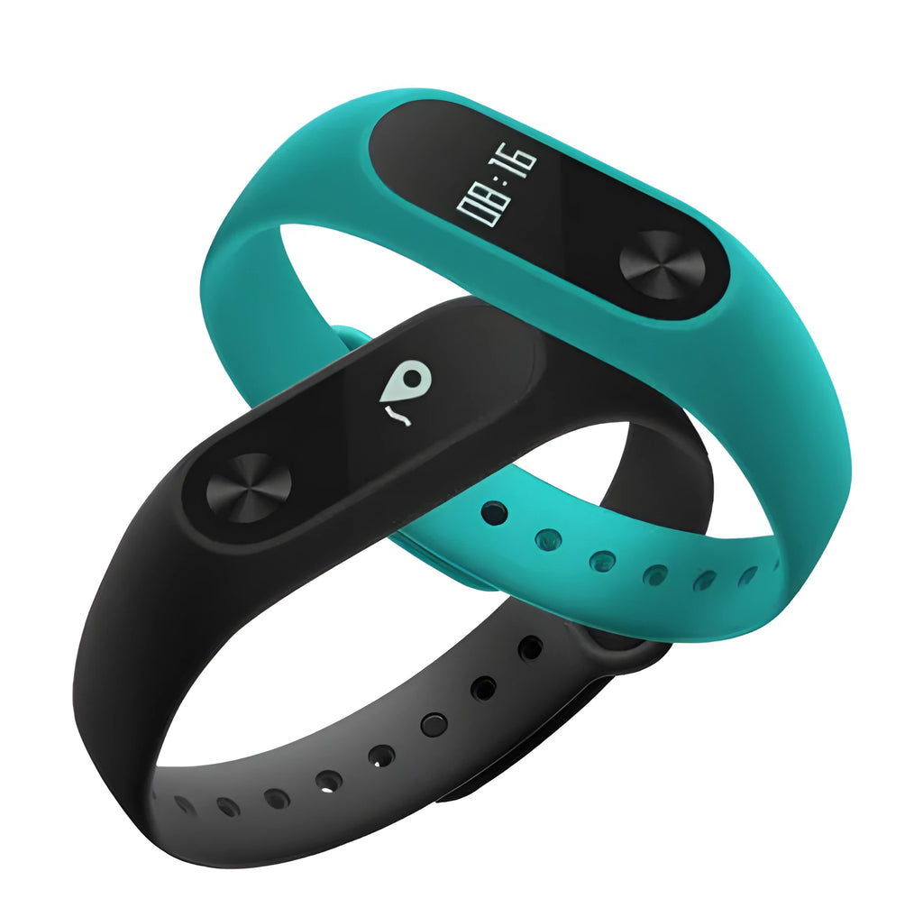Xiaomi Mi Band 2 black fitness tracker with OLED display showing heart rate reading
