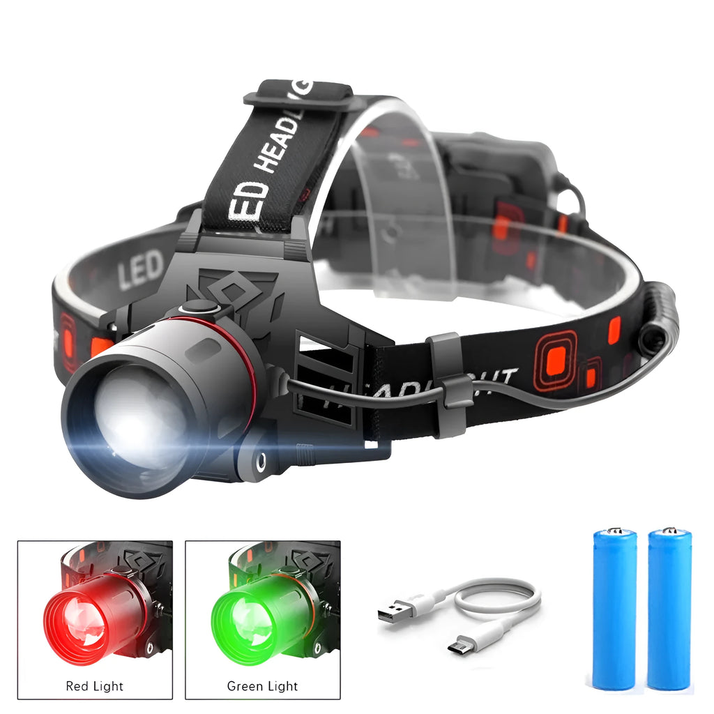 T6 LED zoom headlamp showing white, red, and green light options with adjustable head strap