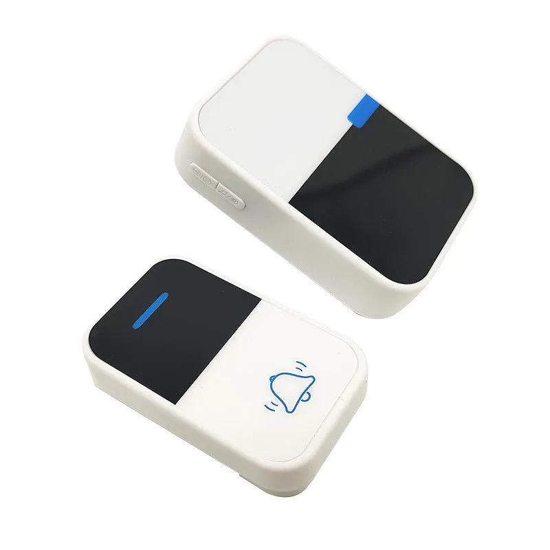 Modern white plastic wireless doorbell kit showing receiver and self-generating beeper unit.