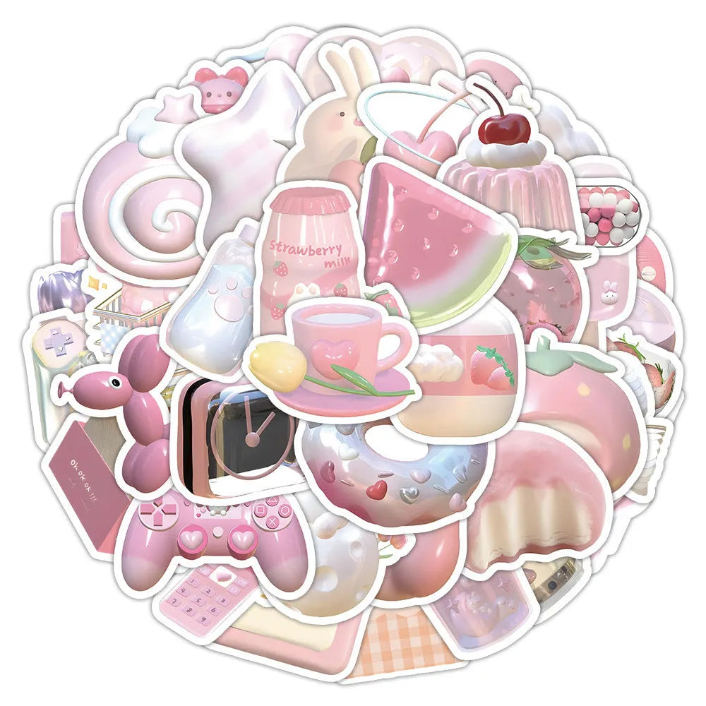 63 piece set of pink 3D girl heart decorative stickers in cute style on a sheet.