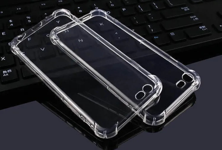 Clear transparent TPU shockproof back cover case for iPhone on a table.