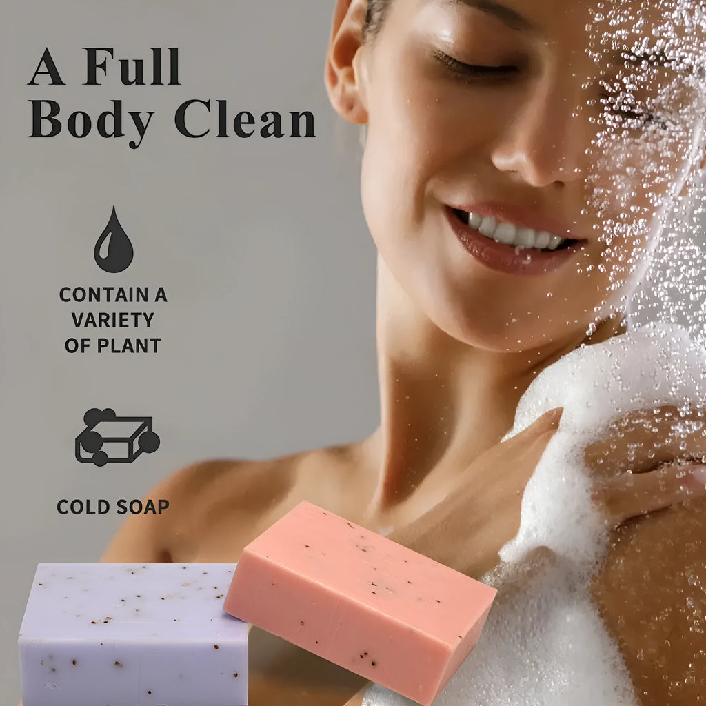 Handmade essential oil soap bar with frosted finish in 100g size showing plant-based ingredients