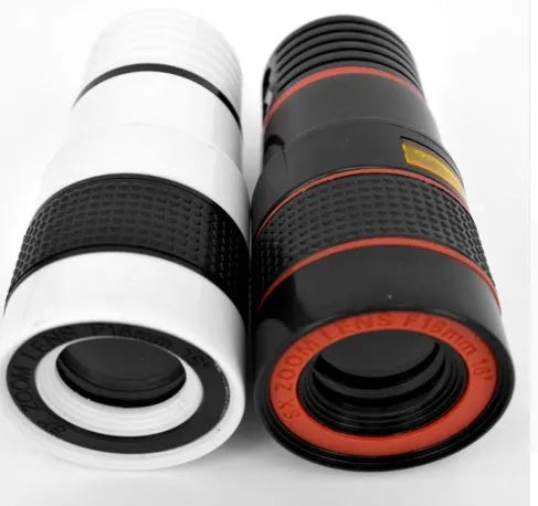 12X magnification black phone telescope lens with smartphone mounting clip on a white background.