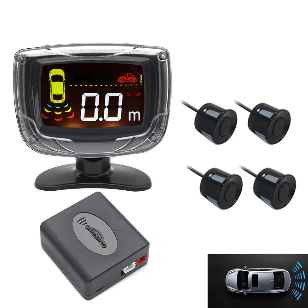 Wireless reversing sensor system with digital display, four probes, and installation accessories for vehicle obstacle detection