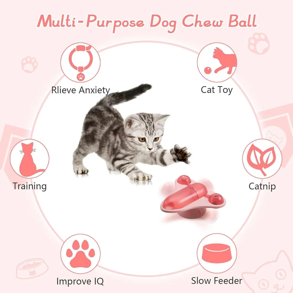 Blue interactive pet puzzle toy with bell, catnip spot, and airplane snack cabin on a smooth floor.