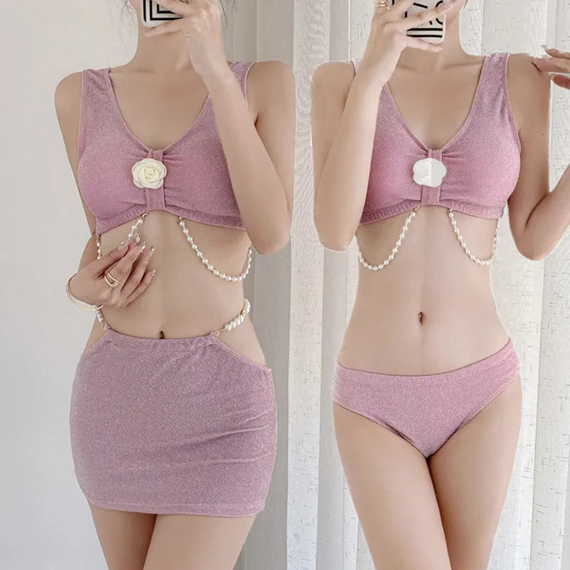 Women's pink and black three-piece polyester bikini swimsuit for swimming and hot springs