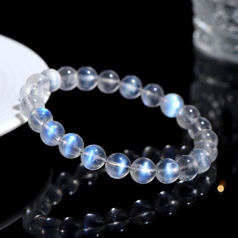 Natural cream body blue moonlight crystal bracelet with polished beads in multiple size options
