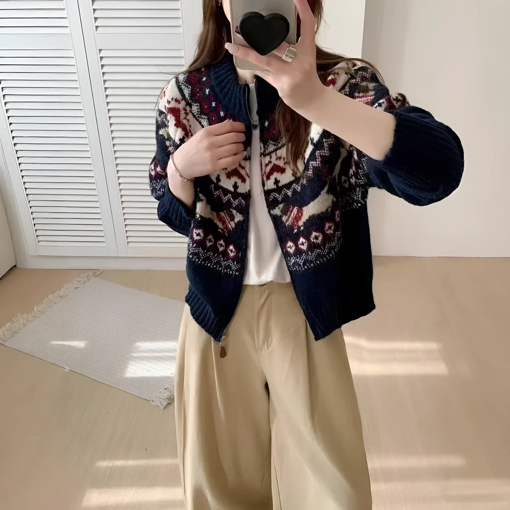 Ethnic style apricot and navy blue polyester jacquard pullover sweater with 3D pattern and loose fit