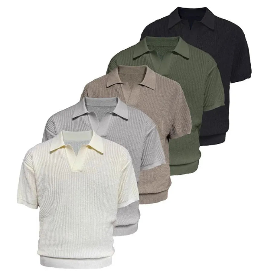 Business style polo shirt with stripes in ice silk breathable fabric, available in creamy-white, black, and grey colours