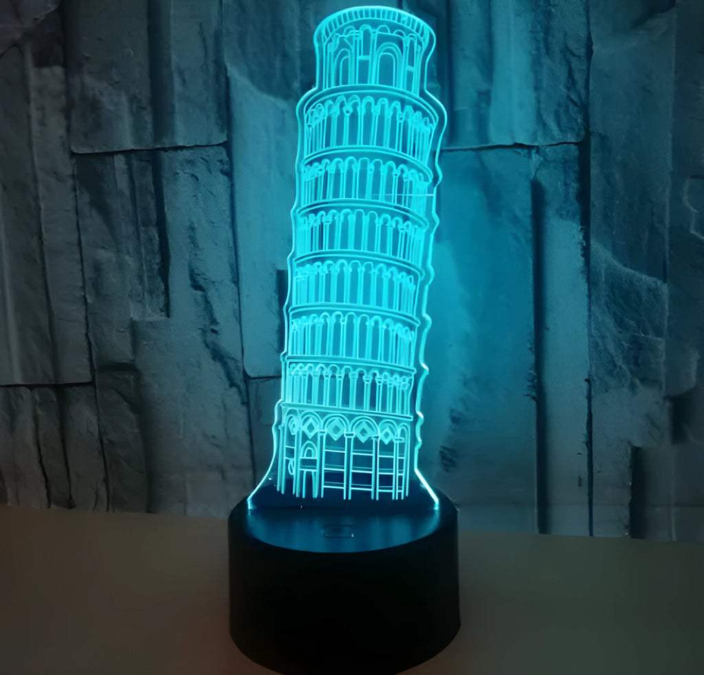 Leaning Tower of Pisa 3D acrylic nightlight with colourful LED illumination on a black base.