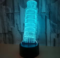 Leaning Tower of Pisa 3D acrylic nightlight with colourful LED illumination on a black base.