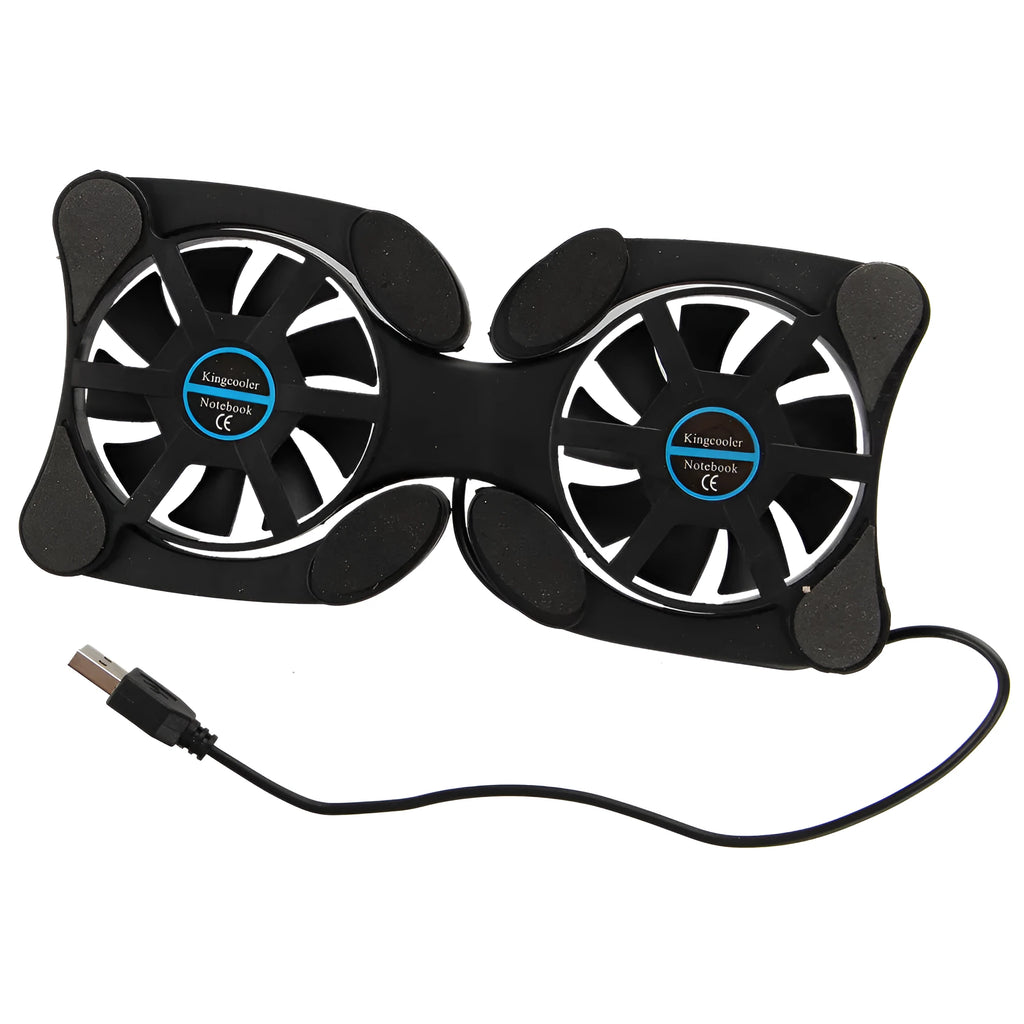 Portable folding notebook radiator cooling base with dual 70mm fans for 7-15 inch laptops, black, ultra-thin design with anti-slip protective pad, USB powered 150mA DC5V, compact size 32x14.5x2cm opens to 19x9x2cm folded, 37.5cm USB cable