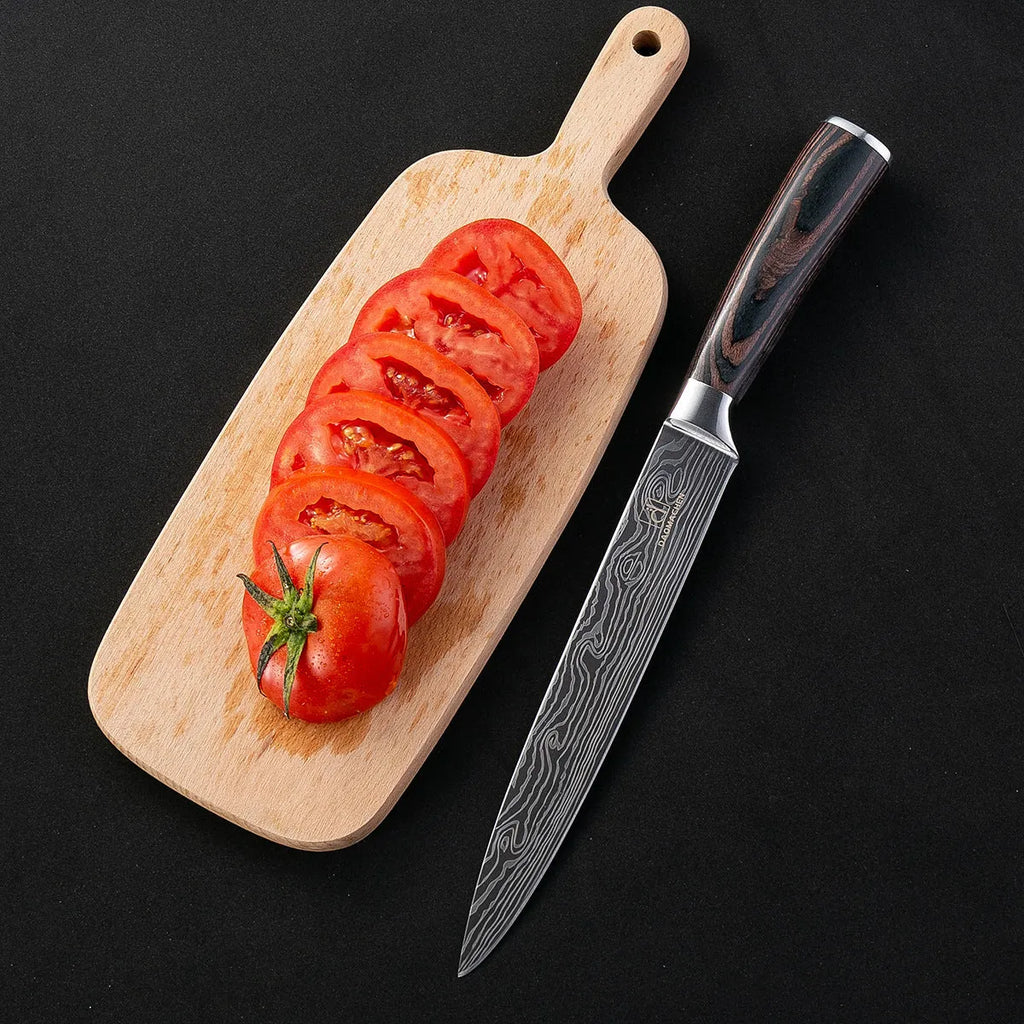 Chef knife with laser Damascus pattern on 18cm 7CR17 steel blade and colour steel handle.