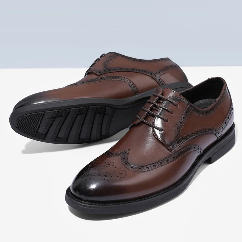 Men's black and brown brogue shoes with business styling and PU leather uppers