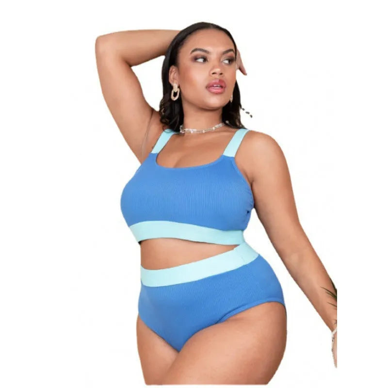 Women's pure colour high-waisted bikini set with stitching detailing on polyester fabric