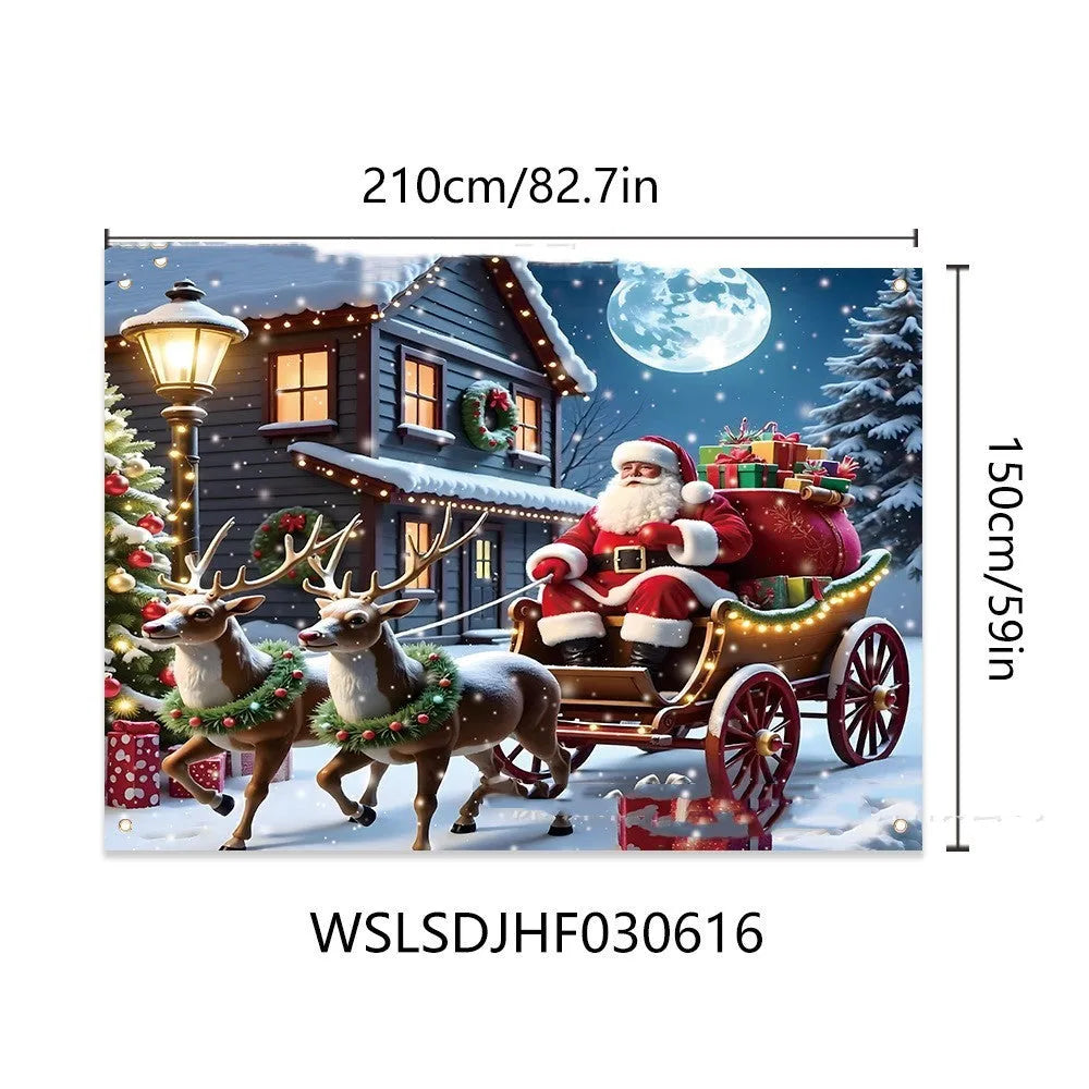 Large rectangular Santa Claus Christmas banner with night scene and gifts on red polyester fabric.