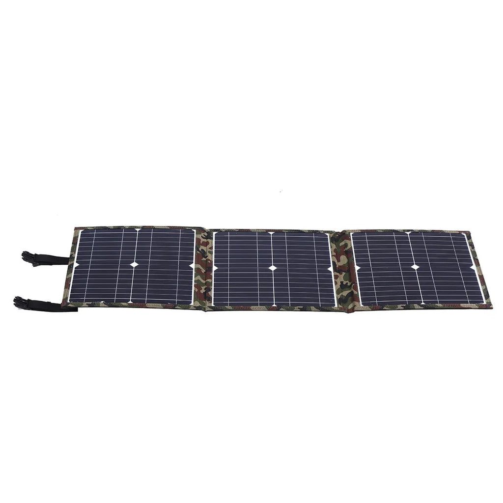 Black foldable 36W solar panel unfolded showing three monocrystalline silicon cells with car charger and USB accessories