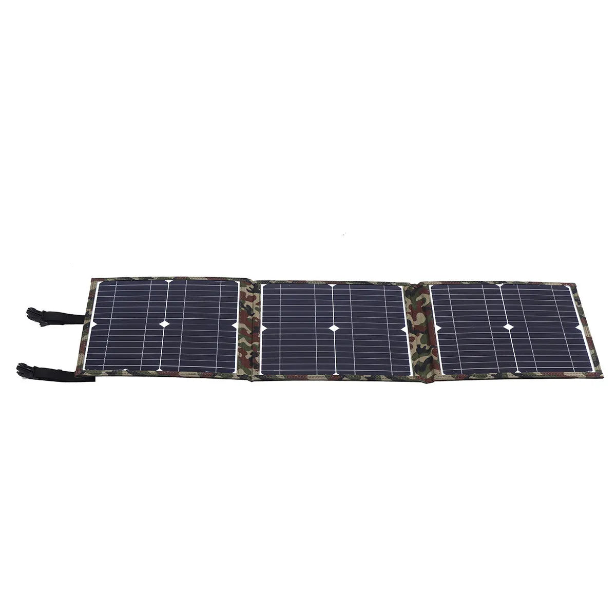 Black foldable 36W solar panel unfolded showing three monocrystalline silicon cells with car charger and USB accessories