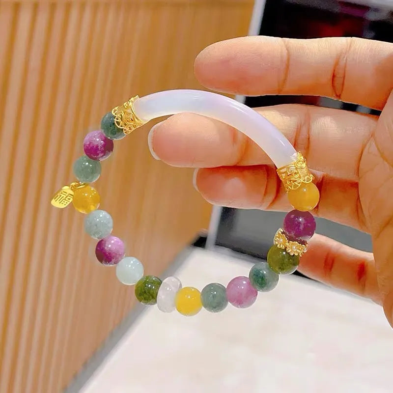 Women's rainbow tourmaline half bracelet with electroplated finish on natural jade pith stones