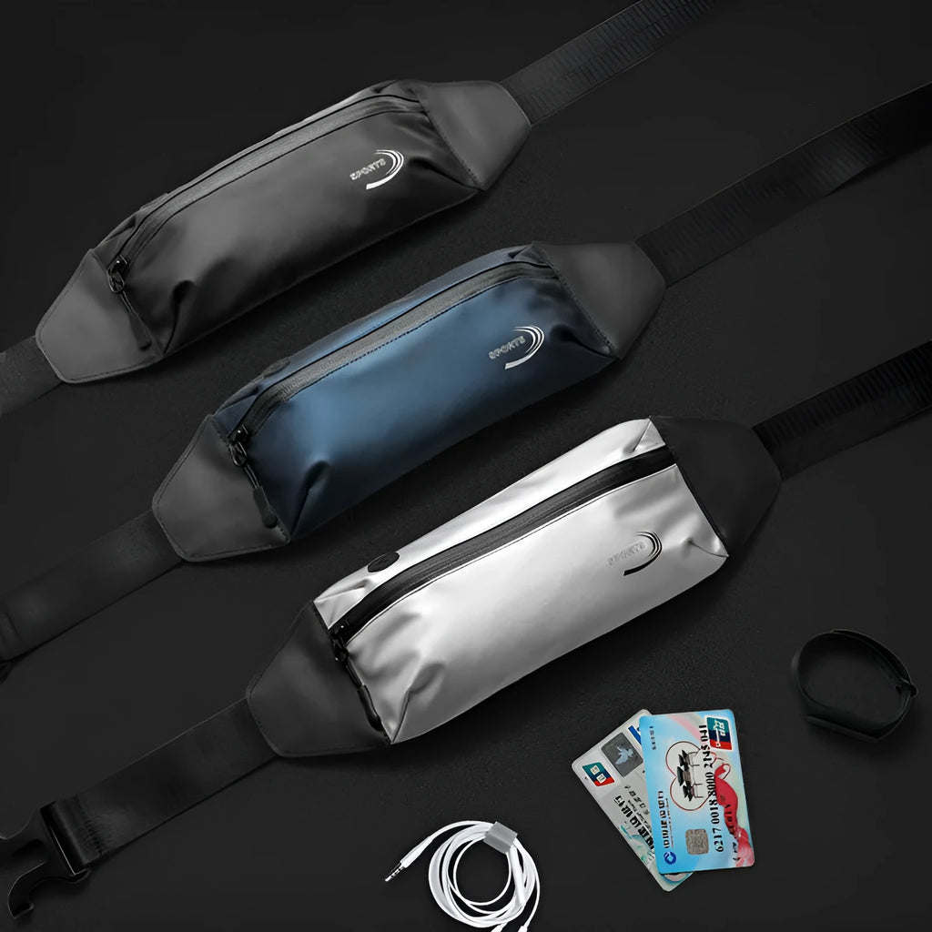 Blue waterproof polyester waist bag for men, shown on a waist, with adjustable strap.