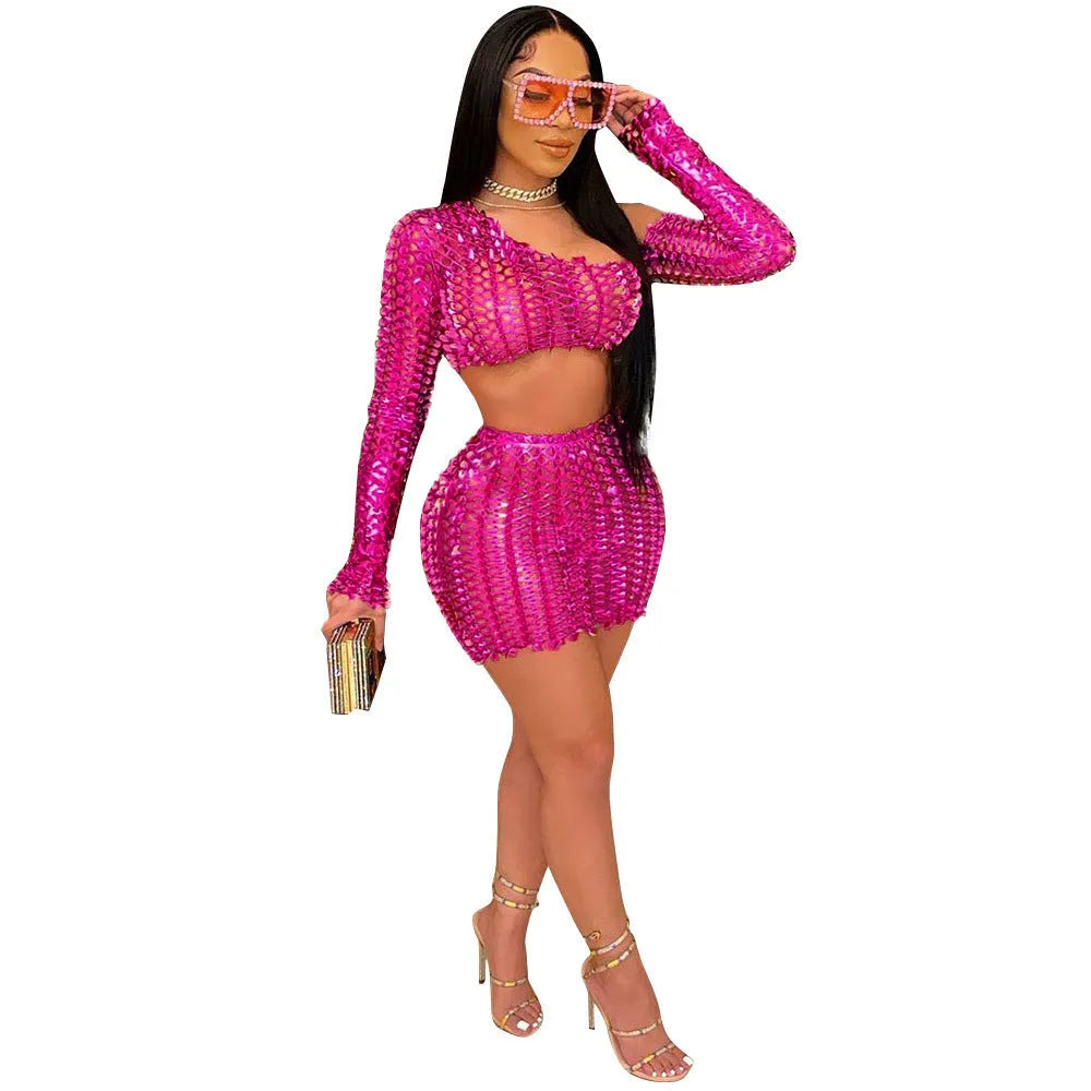Women's hollow-out net two-piece dress set with sleeveless top and short skirt in European style