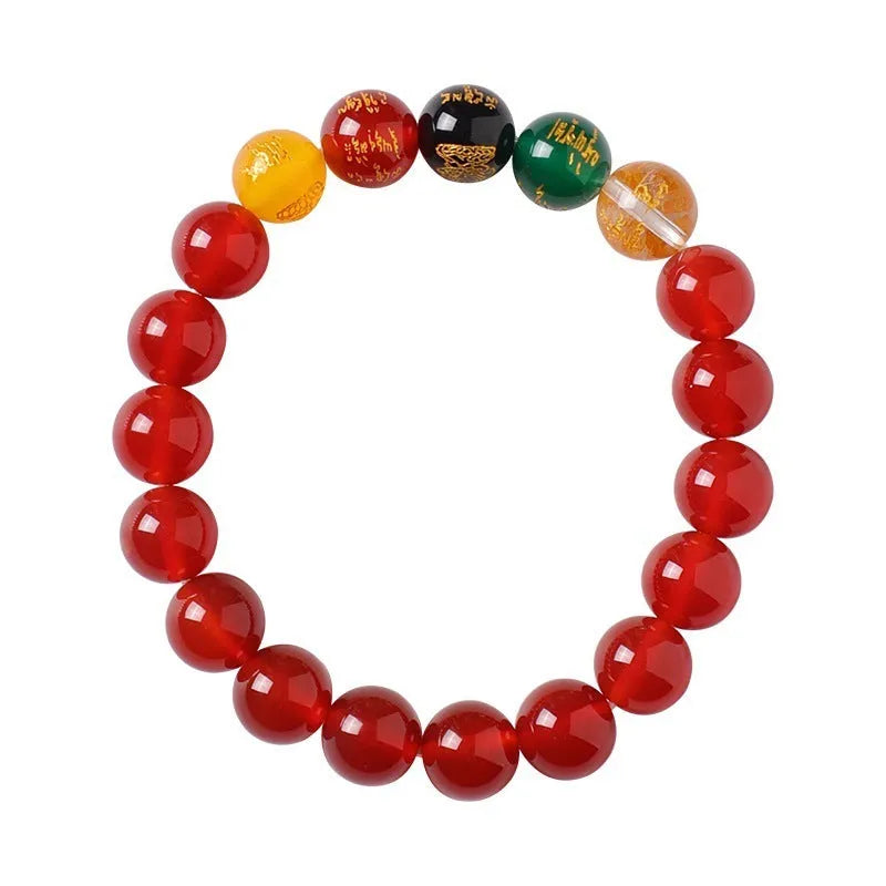 Agate Five Gods Of Wealth bracelet with 10mm round carved lettering beads in Chinese style