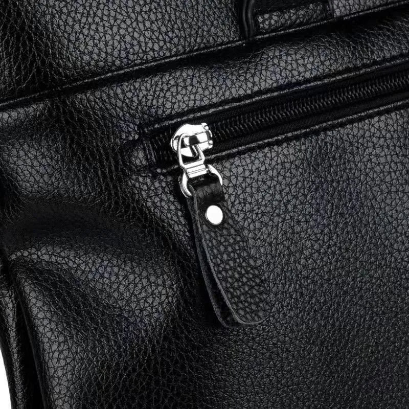 Men's black and brown PU leather shoulder messenger bag with splicing design.