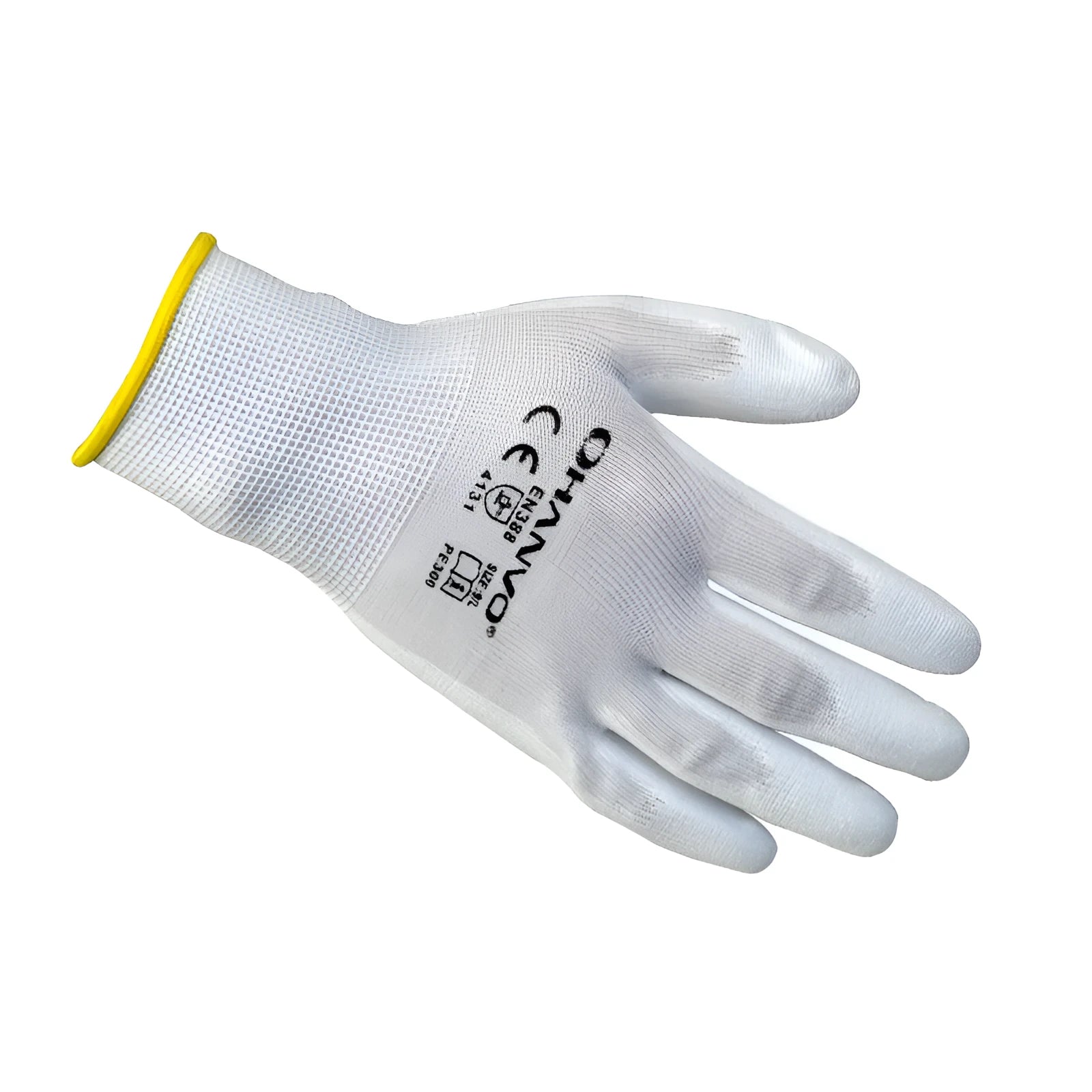White PU coated labour gloves showing palm detail with wear-resistant coating and flexible construction