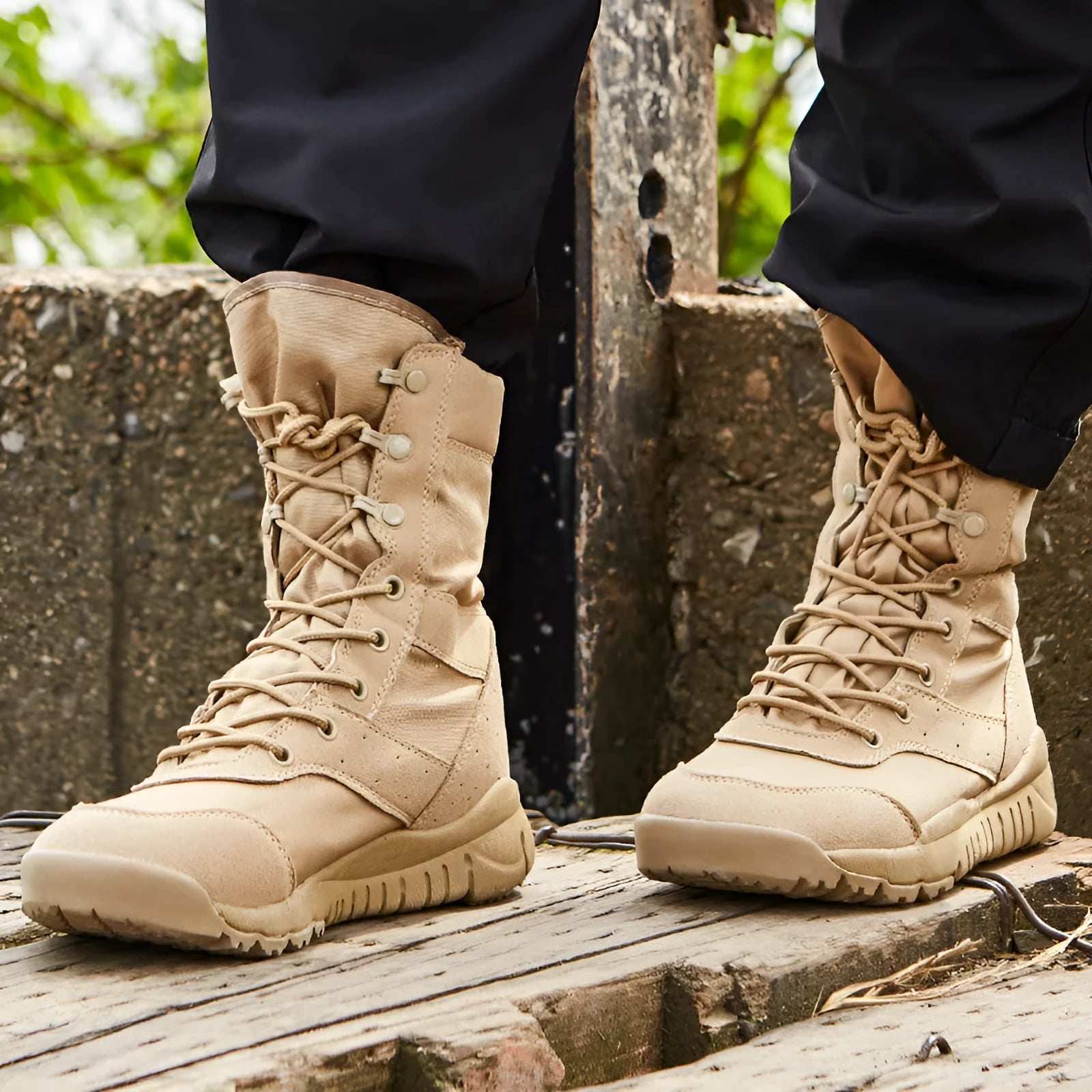 Yulong Combat Boots in black and sand colours, shown as unisex outdoor climbing and tactical desert footwear.