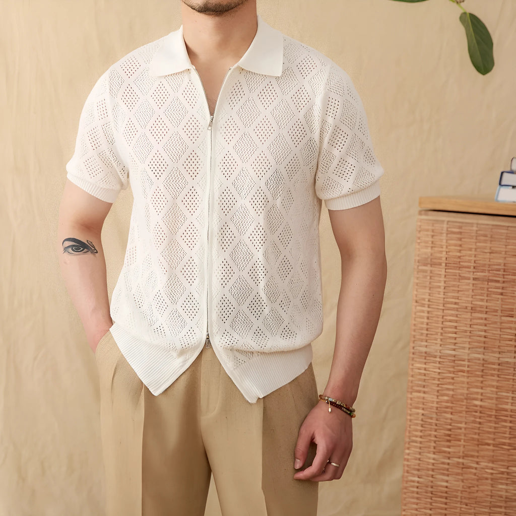 Light brown cotton cardigan with lapel collar, short sleeves, and a front zipper