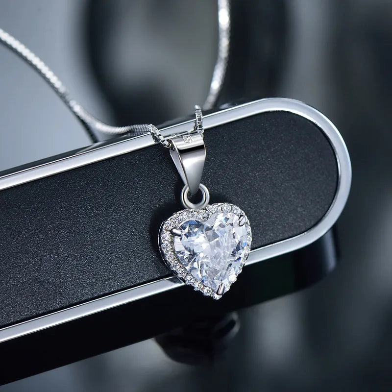 S925 sterling silver heart-shaped zircon pendant necklace on silver box chain, 40+5cm length