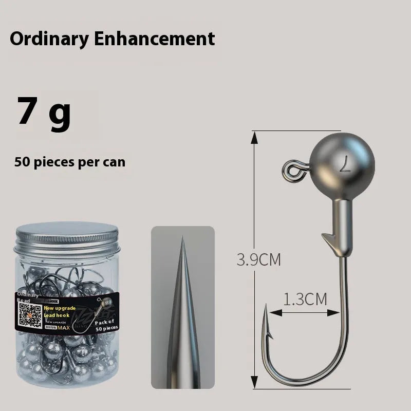 Enhanced jig hook fishing set with 50 pieces including 4 times strengthened 7g hooks in primary colours