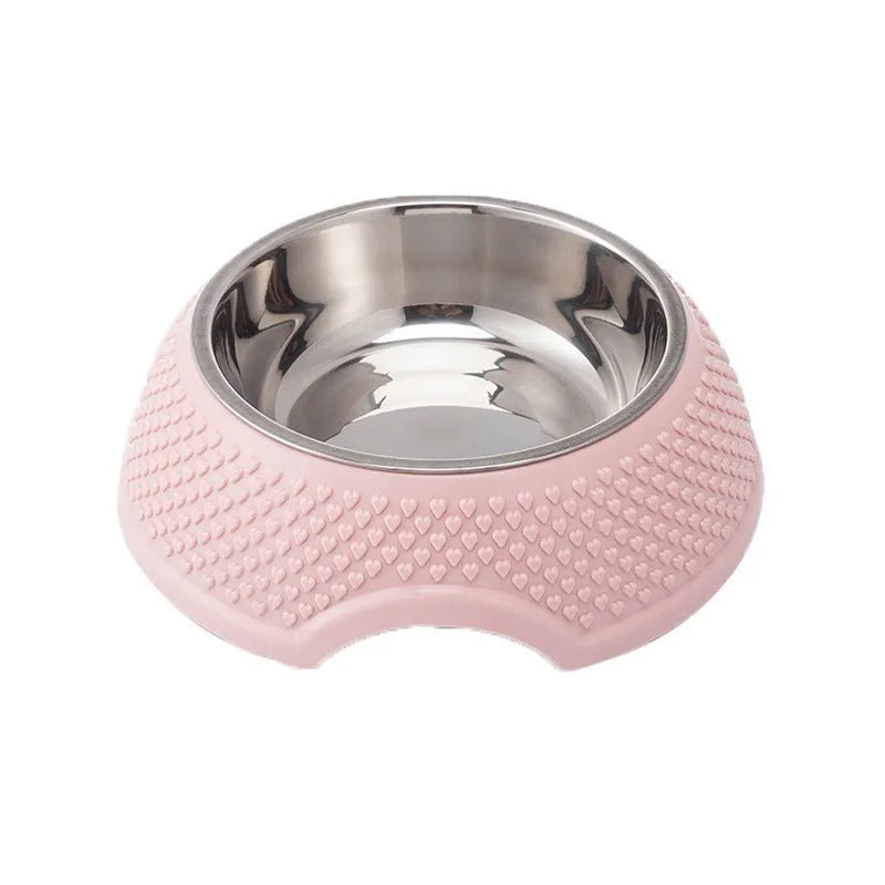 Stainless steel pet bowl with non-slip base in blue, green, or pink colours